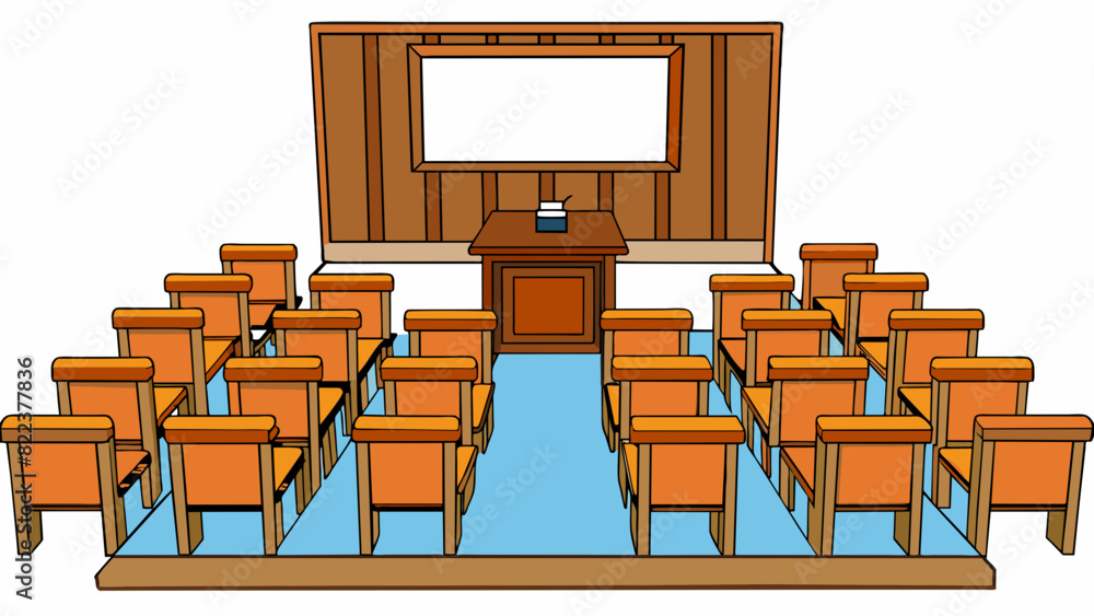 Poster at the front of a classroom there is a wooden podium for the teacher to stand behind and a whiteboar