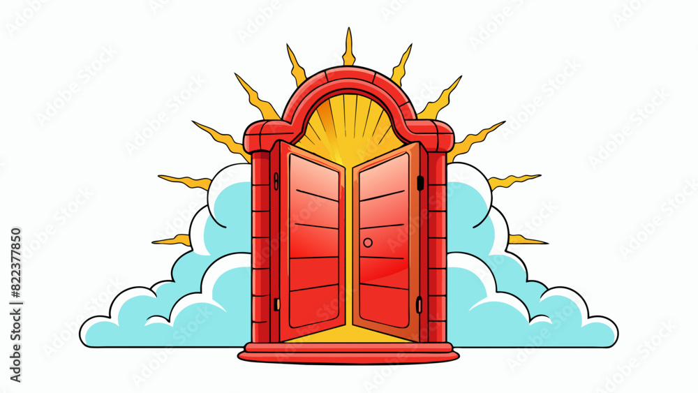 Poster A vibrant red opening framed by a set of pearly gates and emitting a warm puff of breath with each syllable spoken.. Cartoon Vector