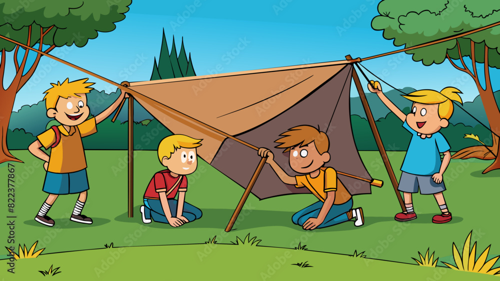 Poster Attempt 3 A group of students attempting to build a makeshift shelter in the woods. With only tarp rope and branches at their disposal they struggle. Cartoon Vector