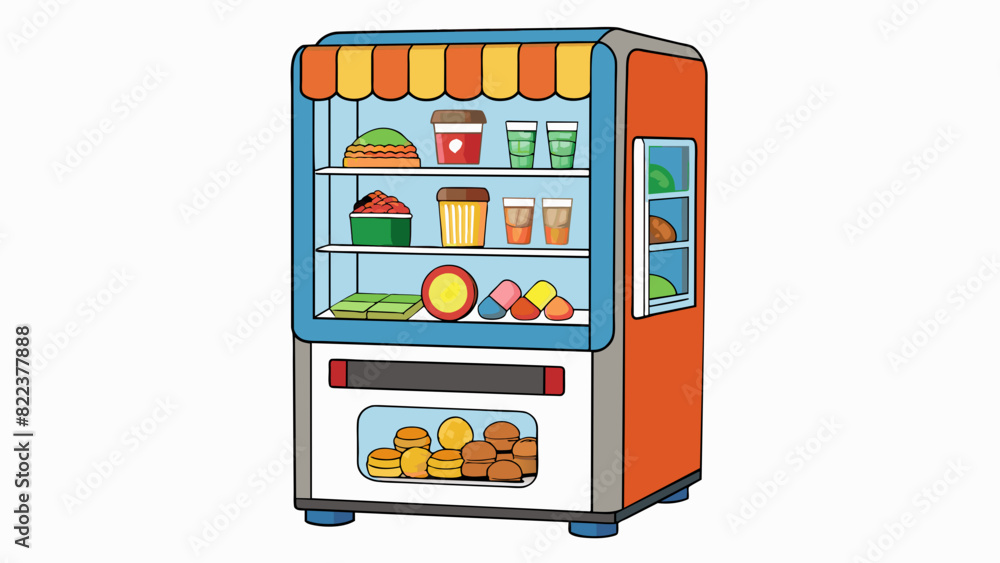 Aufkleber A vending machine with a variety of snacks displayed behind a glass panel and buttons with different names and prices offering customers the option to. Cartoon Vector