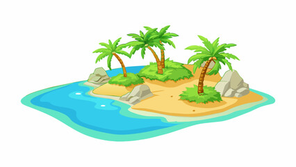 A tropical coast with palm trees swaying in the breeze the sand is white and powdery and crystalclear water gently laps against the shore.. Cartoon Vector