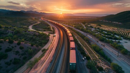 Fototapeta premium Massive Freight Train Traversing Scenic Landscape at Sunset - Land-Based Logistics for Global Trade
