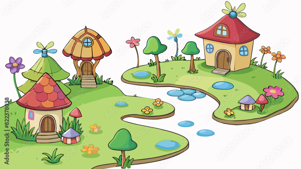 Poster a whimsical fairy garden with tiny houses made from sticks and leaves. a winding path of pebbles lea