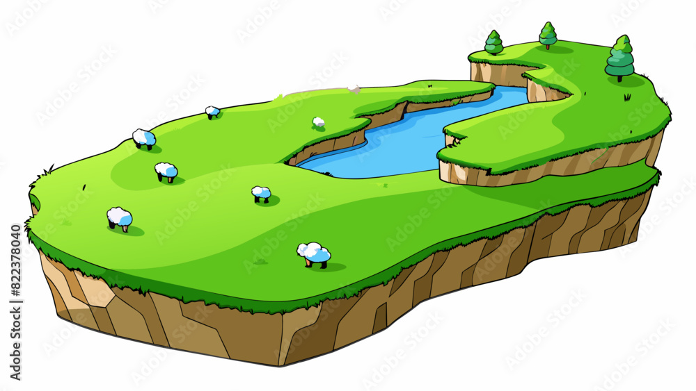 Poster A windswept coast with grassy cliffs the grass is a bright green and the cliffs are smooth and curved providing a perfect place for grazing sheep.. Cartoon Vector