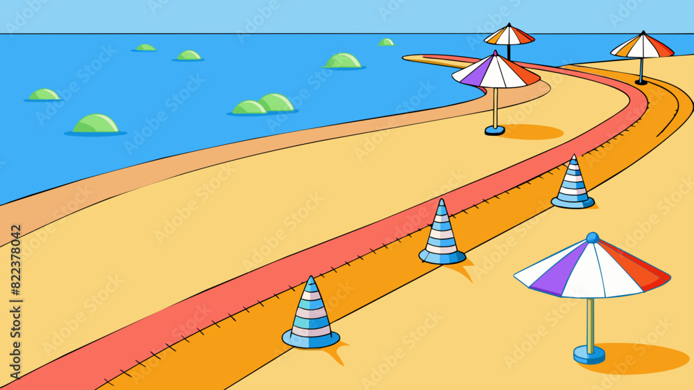 Poster a wide sandy beach with the ocean on one side and a line of colorful beach umbrellas on the other. t