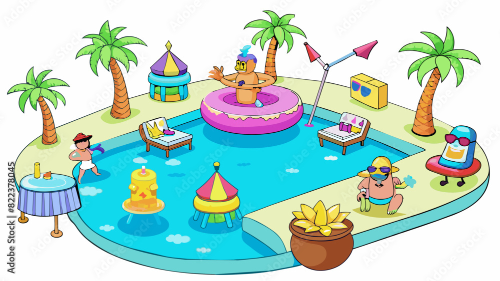 Poster a wild pool party with inflatable floaties and neon lights tered around the water. the backyard is t