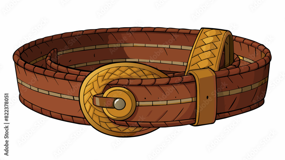 Poster a wide brown belt made of woven fabric with a large brass buckle. the fabric has a textured almost t