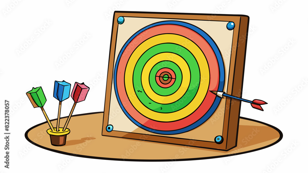 Poster A wide shot of a dartboard with several colorful darts sticking out of the surface. The board itself is made of cork and is marked with numbers and. Cartoon Vector