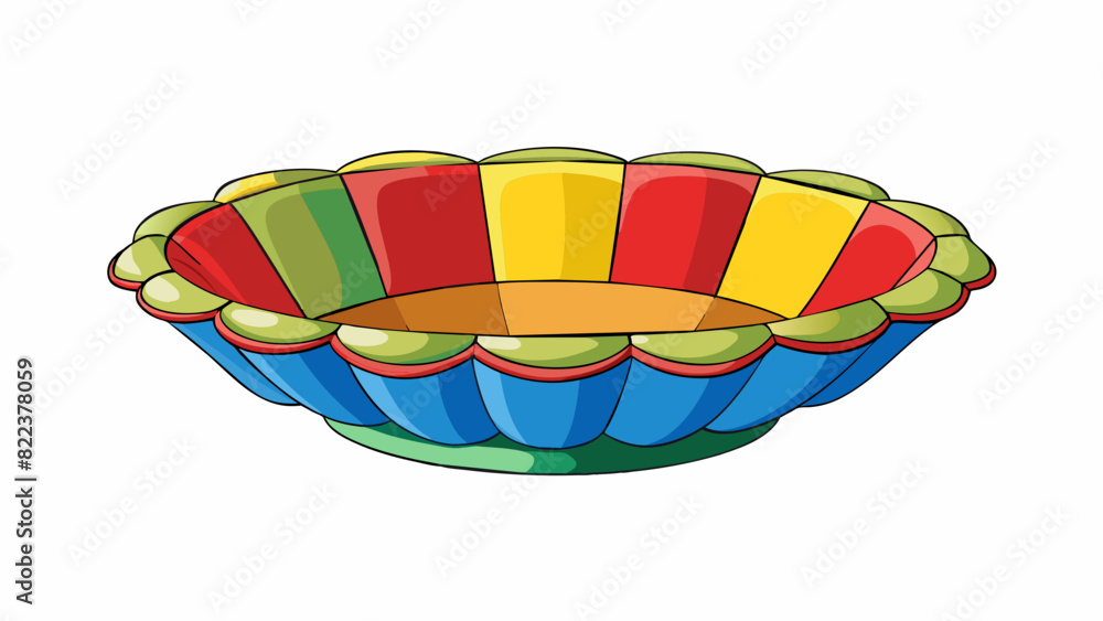 Poster a wide shallow bowl made of colorful glass with a scalloped bottom edge.. cartoon vector