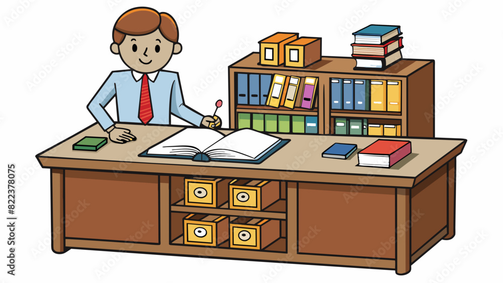 Poster A wooden desk with compartments and drawers situated in a library. The desk has a ledger open on its surface where a librarian records books being. Cartoon Vector