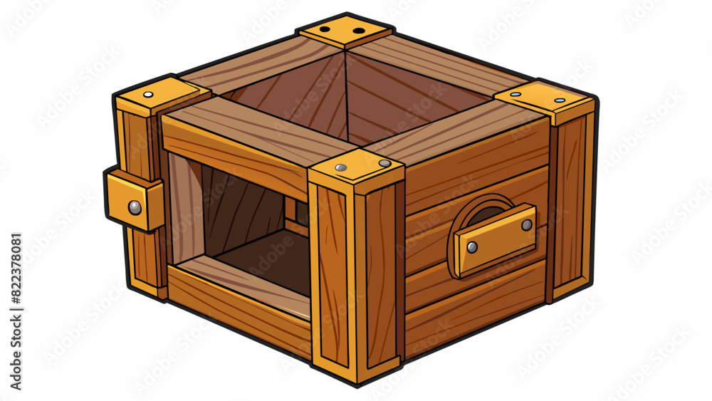 Poster A wooden cube with a hinged bottom that opens up to reveal a hidden compartment.. Cartoon Vector