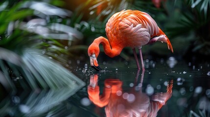 A curious flamingo standing on one leg, its head tilted to one side, as it examines its reflection in a pool of water.