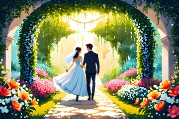 Two brides walking under a wreath of flowers in the magical secret garden. Illustration vector. Generative AI