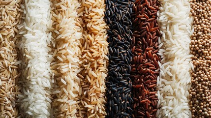 High-angle shot of assorted rice varieties, including brown, white, and jasmine rice, highlighting culinary diversity.