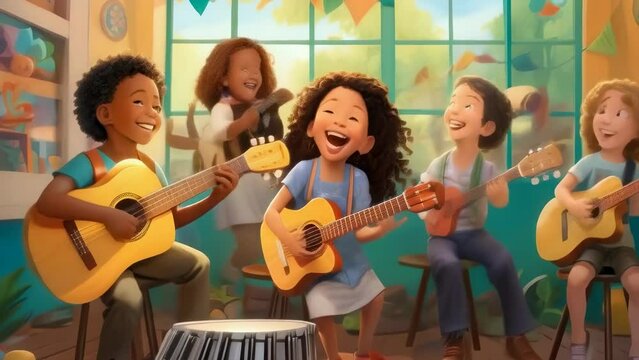 A group of children playing musical instruments, including guitars and a drum, in a colorful classroom. They are smiling and joyful, creating a lively and cheerful atmosphere.