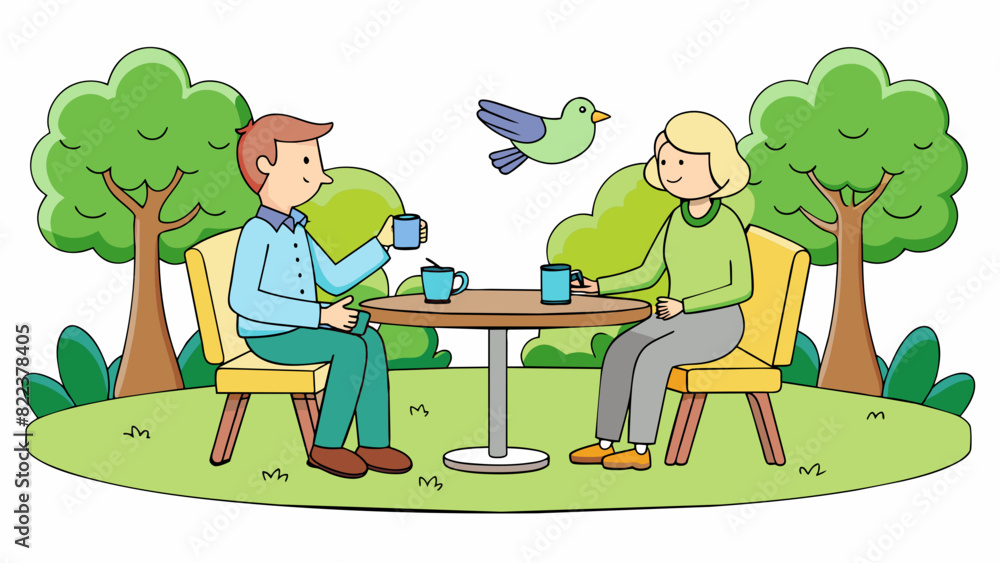 Poster Interview in a park The setting is peaceful and serene with birds chirping and trees providing shade. The interviewer and interviewee sit on a bench. Cartoon Vector