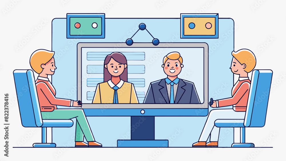 Poster Interview in a virtualonline setting The interviewer and interviewee are connected through their screens with their respective webcams and microphones. Cartoon Vector