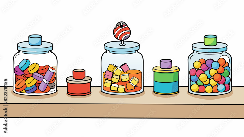 Poster In the second illustration there are several jars of candies on a table. Each jar is labeled with a different type of candy such as gummy bears. Cartoon Vector