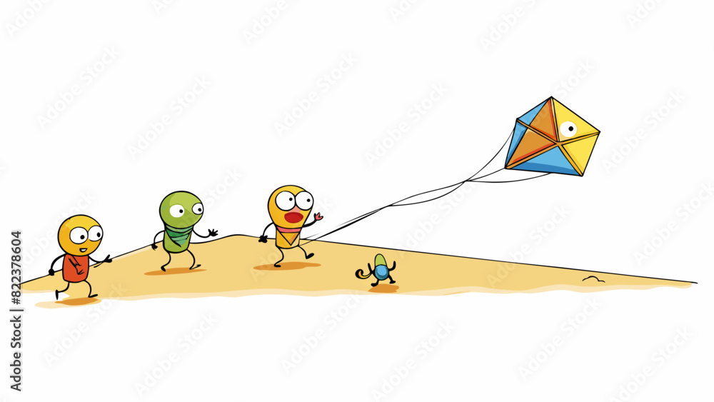 Poster On a sandy beach a small group of people are chasing after a colorful kite that is floating in the air. They are each holding a long string attached. Cartoon Vector
