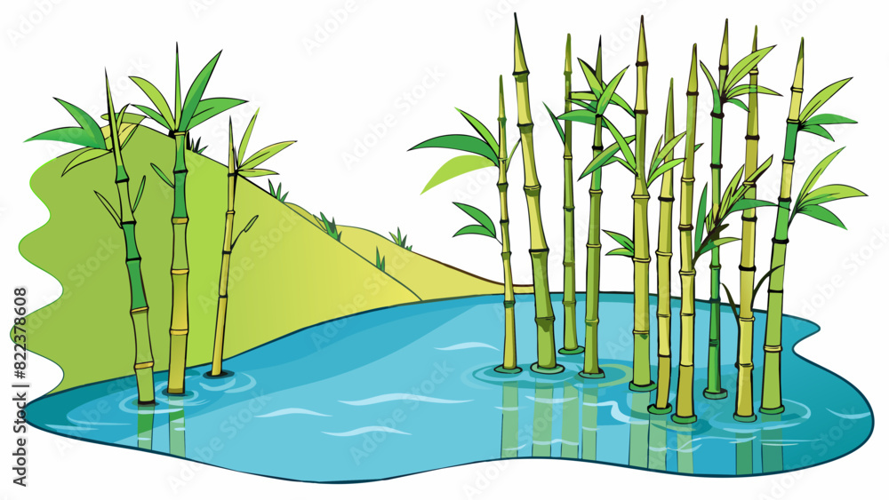 Poster on the eastern edge of the peaceful lake tall bamboo stalks sway gently in the cool breeze their lea