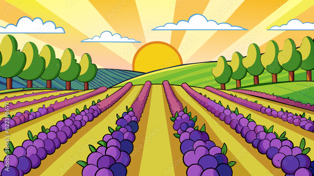 Poster rows upon rows of vibrant ripe gvines fill a rolling landscape. the warm sun beats down on the caref