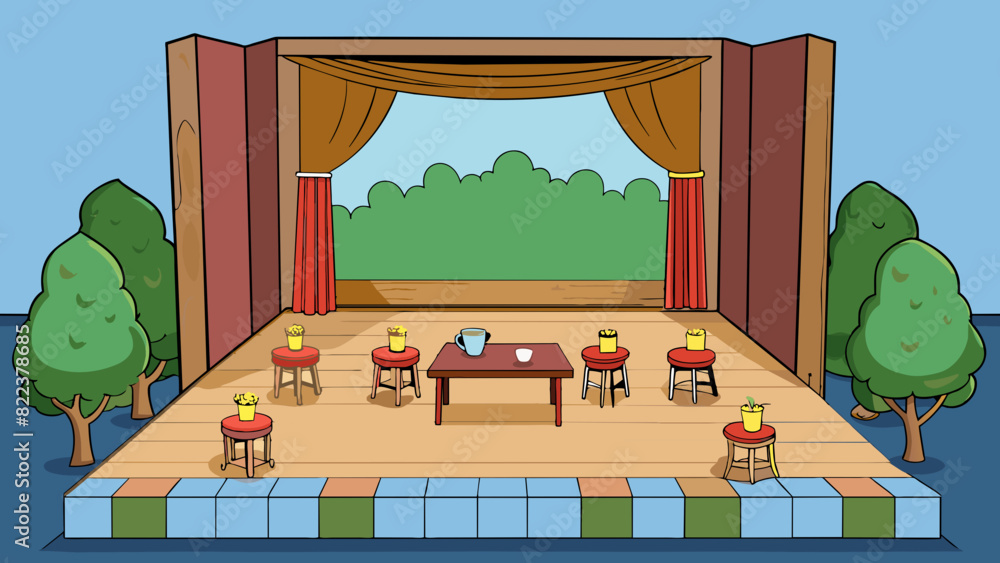 Poster school play stage a simple platform with creaky wooden planks as its floor. the back wall is painted