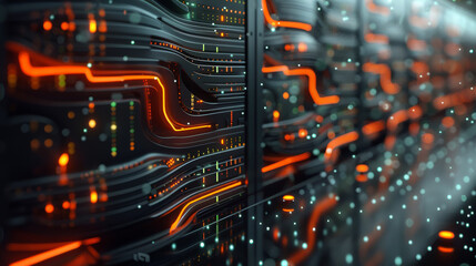 Modern computing server cooled in immersion fluid, gentle waves, dark green theme with orange accents, futuristic, high tech, minimalistic. Generative AI.