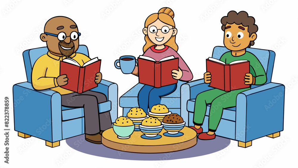 Canvas Prints The book club members sat in a cozy living room cups of tea in hand and books open on their laps. They took turns discussing their latest read. Cartoon Vector