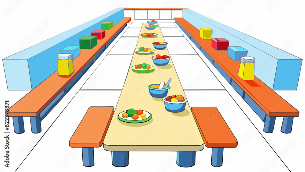 Poster The cafeteria with long tables and benches colorful trays and a variety of nutritious food options displayed in a cafeteria line.. Cartoon Vector