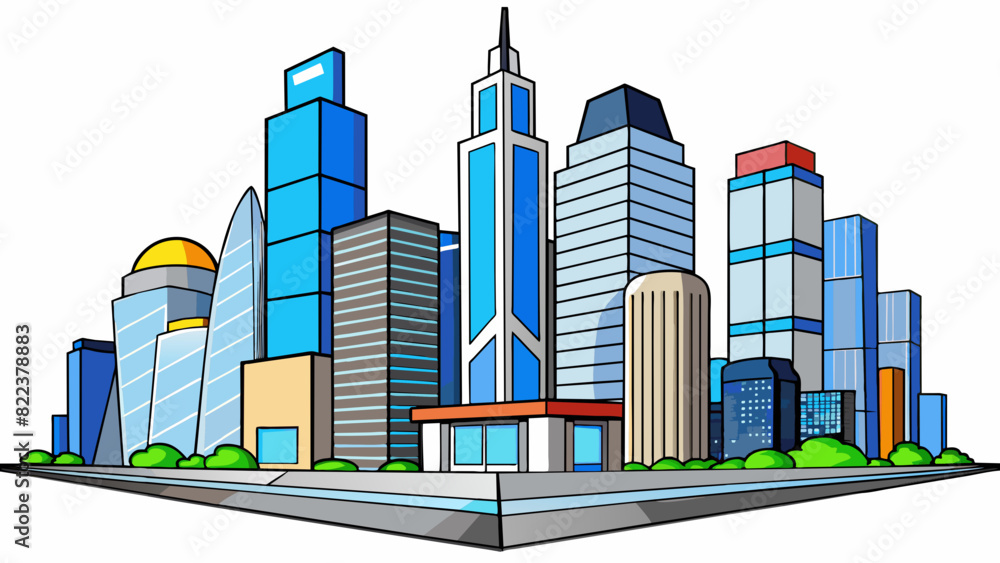 Poster the city skyline is a maze of towering skyscrs each one a different shade of silver or blue. the bui