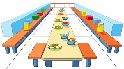 The cafeteria with long tables and benches colorful trays and a variety of nutritious food options displayed in a cafeteria line.. Cartoon Vector