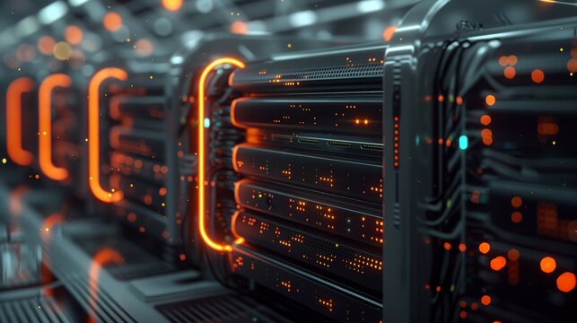 Modern computing server cooled in immersion fluid, gentle waves, dark green theme with orange accents, futuristic, high tech, minimalistic. Generative AI.