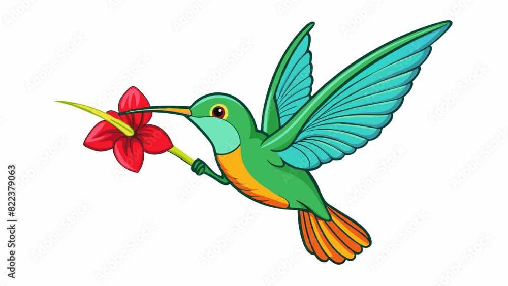 Poster The hummingbirds wings moved at such a rapid pace that they were ly visible allowing it to hover effortlessly in front of a flower.. Cartoon Vector