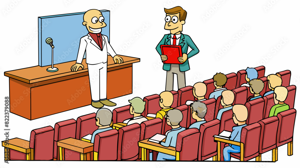 Poster The lecture hall was filled with rows of chairs each with a small foldout desk attached. The lecturer paced back and forth in front of the stage. Cartoon Vector