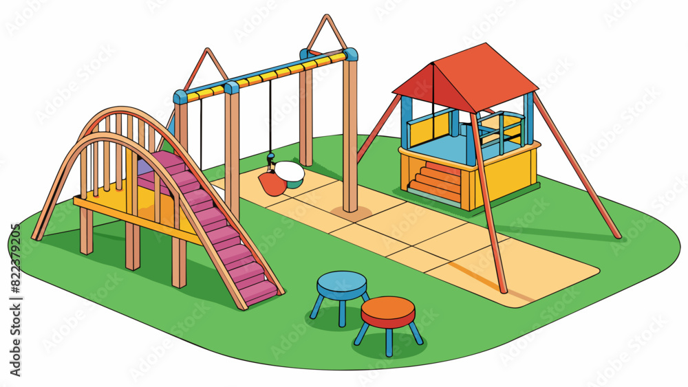 Poster The playground in the park is a childrens paradise with colorful swings slides and climbing structures. The ground is covered in soft rubber tiles. Cartoon Vector