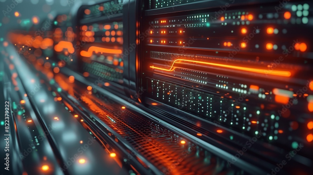 Poster modern computing server cooled in immersion fluid, gentle waves, dark green theme with orange accent