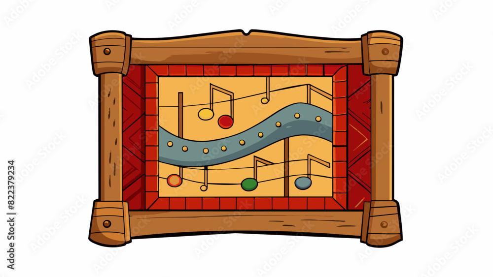 Poster the score was mounted on a wooden frame resembling a large ancient tapestry. the notes were embroide