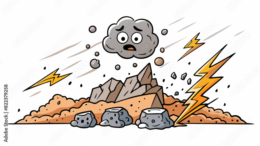 Poster The rumble of thunder deep and foreboding vibrating through the earth and shaking loose small pebbles from the rocky cliffs above.. Cartoon Vector
