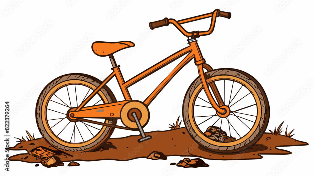Poster The rusted bicycle leaned against a tree its wheels caked in mud and the handlebars slightly crooked.. Cartoon Vector