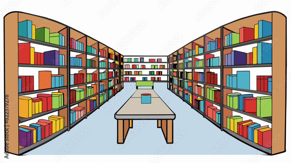 Aufkleber The school library with rows of shelves filled with books of all genres cozy reading nooks and tables for studying or group projects.. Cartoon Vector