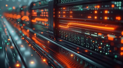 Modern computing server cooled in immersion fluid, gentle waves, dark green theme with orange accents, futuristic, high tech, minimalistic. Generative AI.