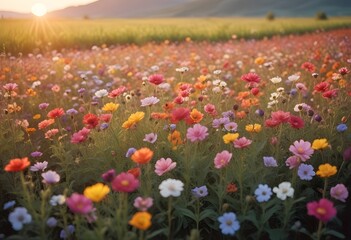 Sunset Over a Field of Multicolored Blossoms