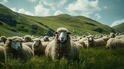 Naklejka premium On a green grassland there is a huge humble number of sheep UHD wallpaper