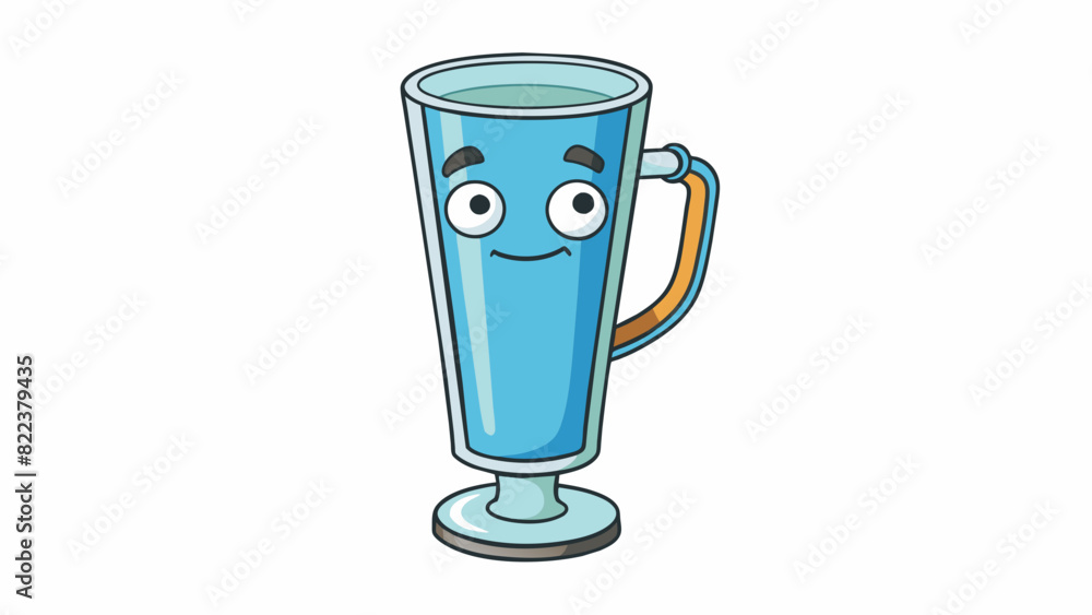 Poster This cup is made of clear glass and has a cylindrical shape. It is taller and thinner than most cups with a short curved handle on one side. The glass. Cartoon Vector