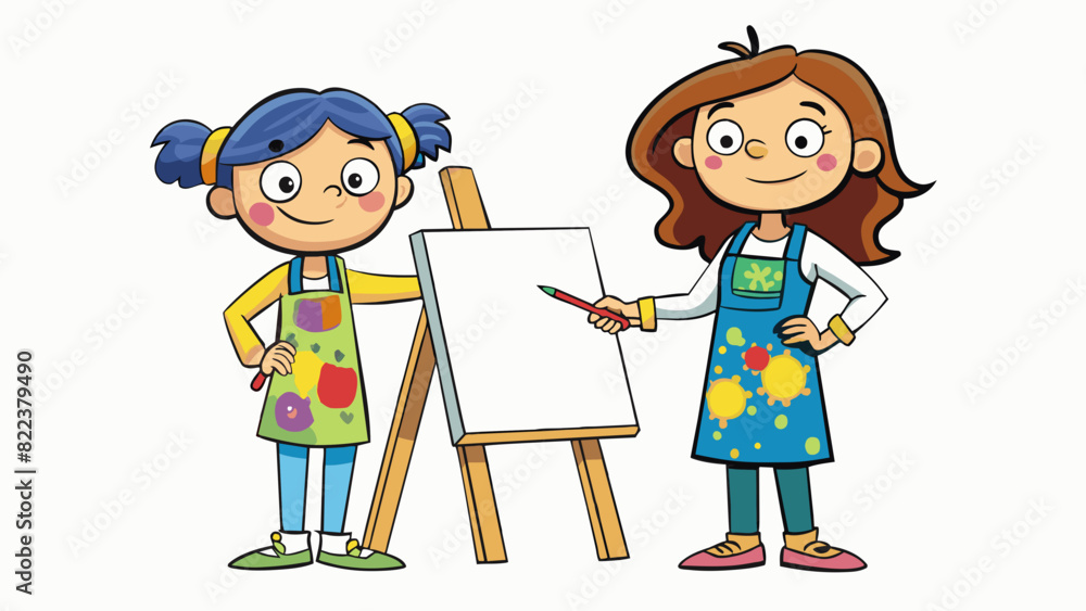 Poster two artists a mother and her daughter stand in front of a canvas in their shared studio. they are bo