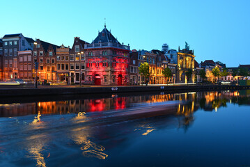 Haarlem and the Spaarne river at night.