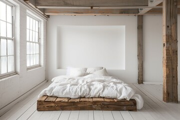 Simple wooden bed in a modern Scandinavian loft bedroom. It's next to a plain white wall with plenty of photocopying space