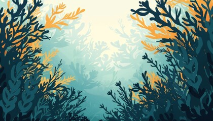 Kelp Forest flat design top view underwater algae ecosystem theme water color Tetradic color scheme