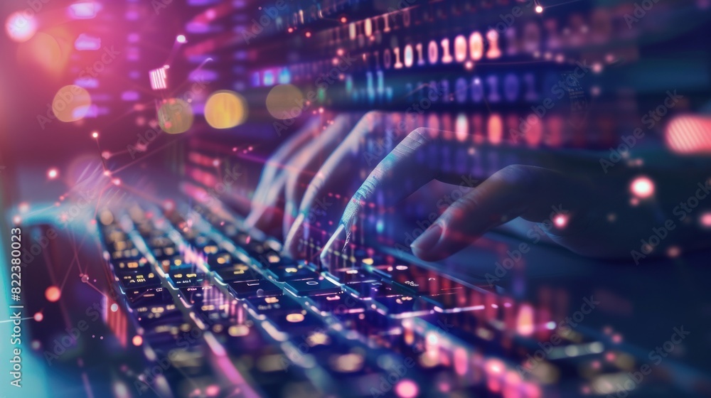 Poster hands typing on computer keyboard, with abstract code, online cyber attack, hack, threats and breach