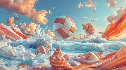 Conceptual Beach Volleyball Art Inspired by Nature - Seashells, Waves, and Birdlife - Design for Poster, Print, Card